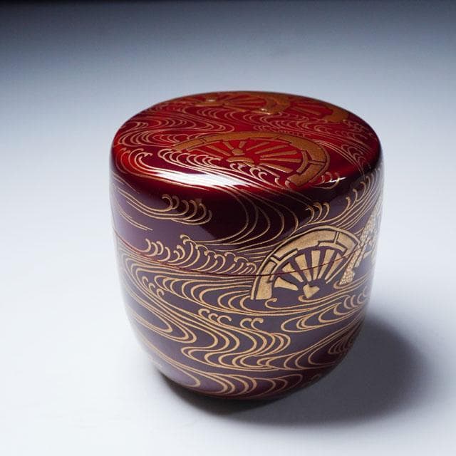 三代 清石（川谷内正廣）波車蒔絵棗　内梨地　共箱　輪島塗　薄茶器　茶道具