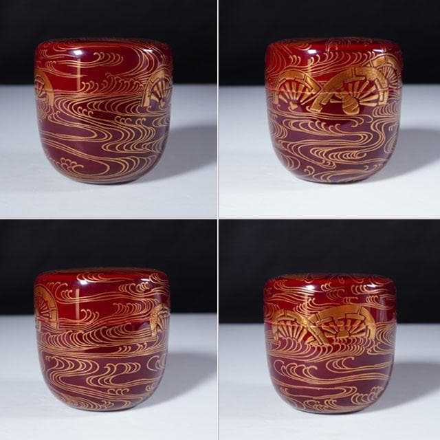 三代 清石（川谷内正廣）波車蒔絵棗　内梨地　共箱　輪島塗　薄茶器　茶道具