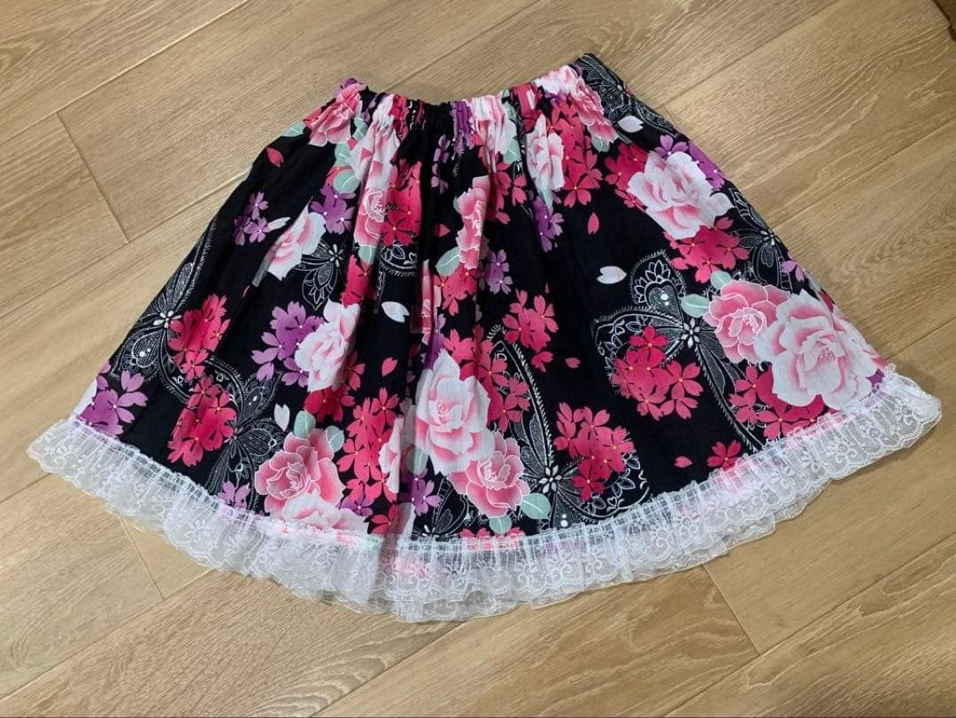 浴衣ドレス　姫ギャル　地雷　量産　平成　花柄　レース　かわいい　黒ピンクキラキラ