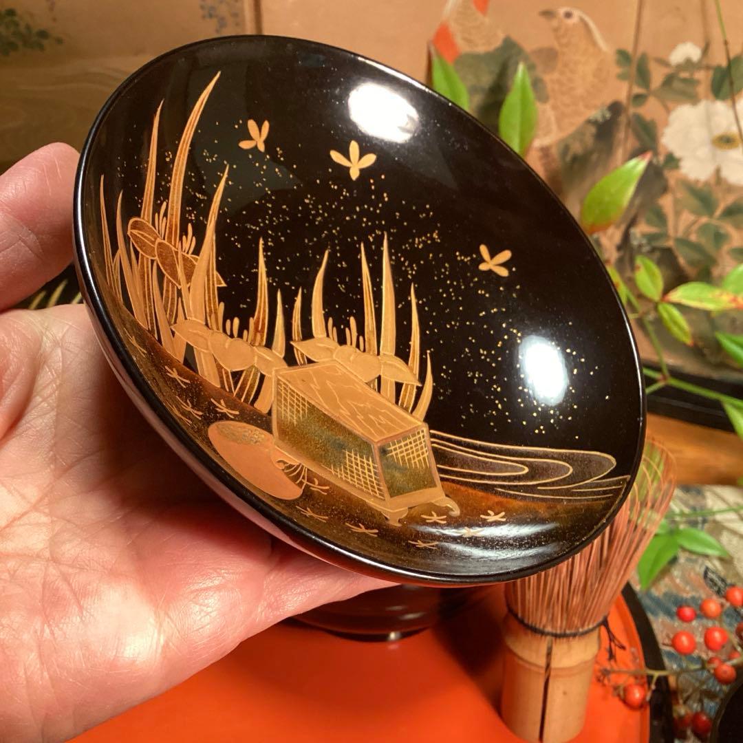 A1035 木製輪島塗　懐石道具　衝羽根に流水菖蒲　蒔絵　5客