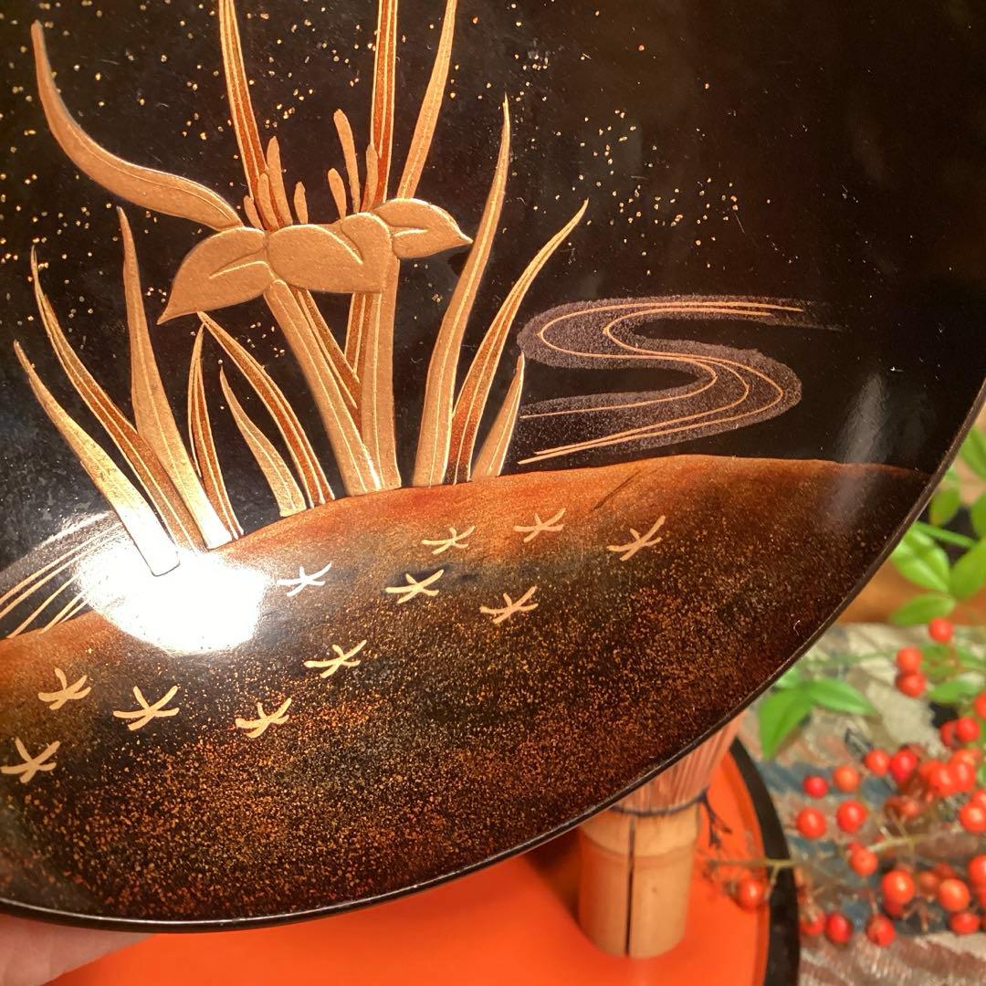 A1035 木製輪島塗　懐石道具　衝羽根に流水菖蒲　蒔絵　5客