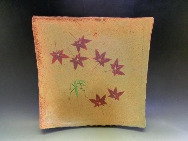 皿■蟷螂【番浦史郎】ばんうらしろう カマキリ 楓 飾り皿 料理皿 京焼 土物■