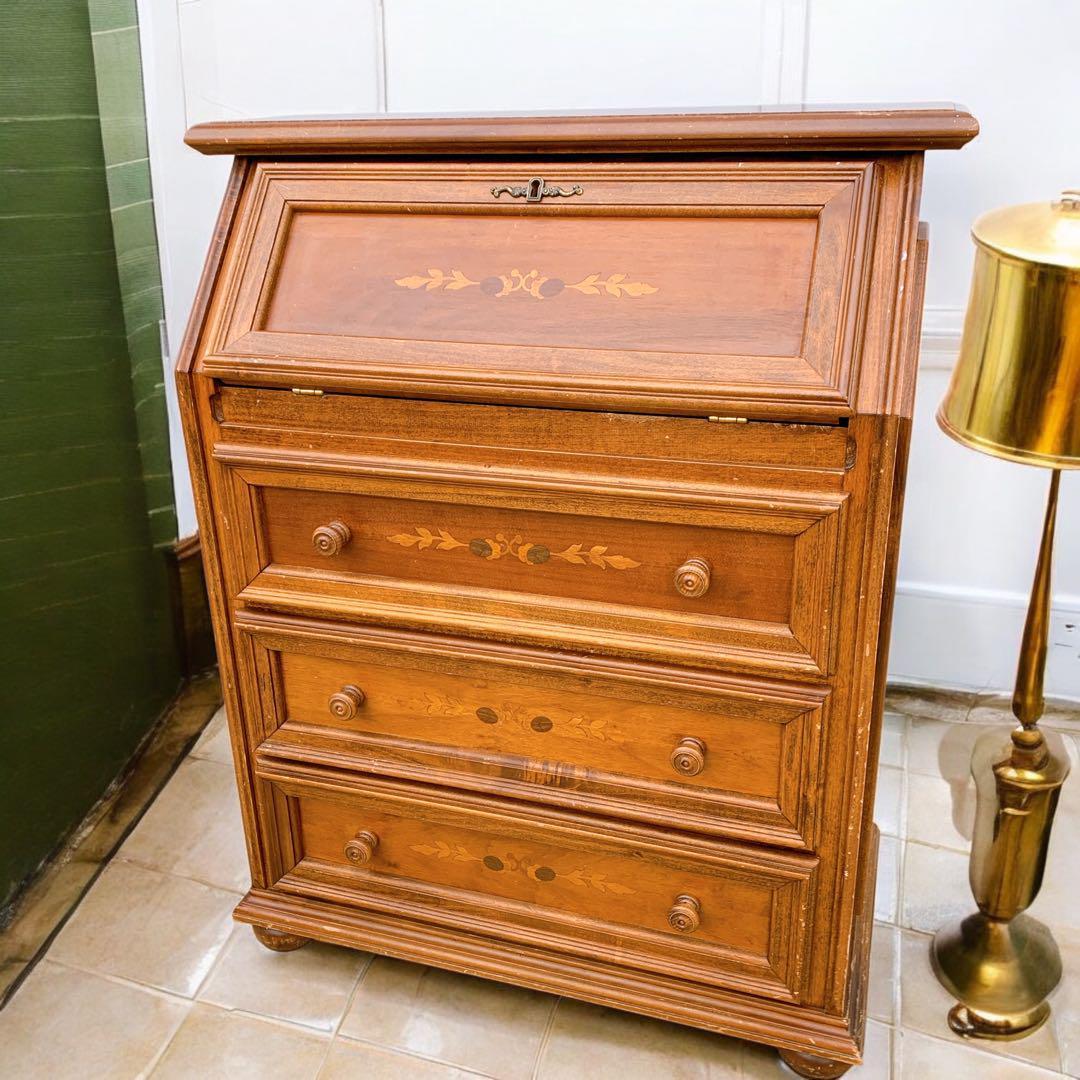 【稀少家具】イタリア 象嵌ライティング ビューロー レトロ机 木製 デスク