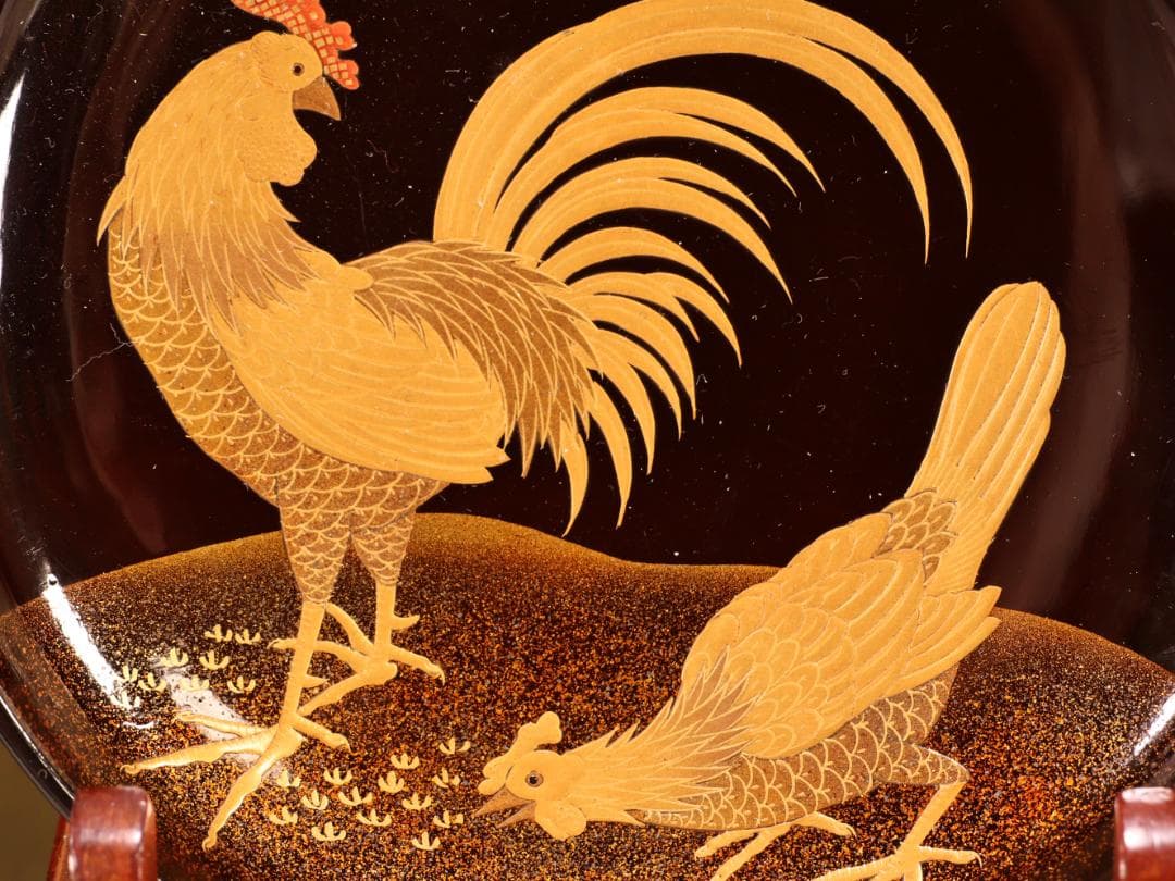 BK414　時代輪島塗　竹鶏図金蒔絵　吸物鶏　二客　木製　茶道具 懐石 会席