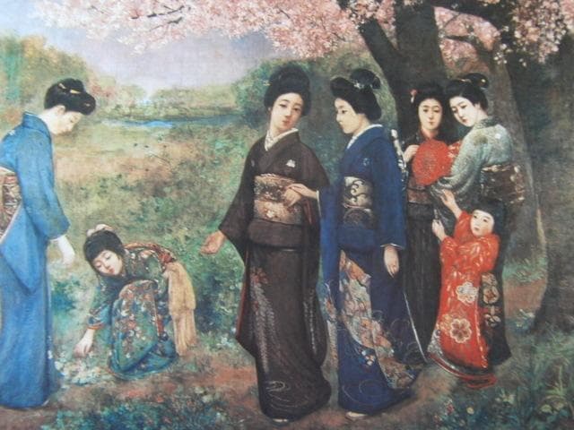 岡田三郎助、【桜狩】、希少画集画より、状態良好、新品高級額装付