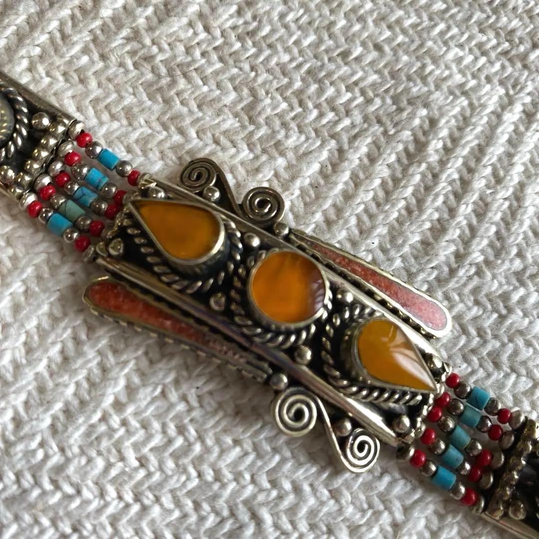 チベット銀象嵌細工ブレスレット 琥珀調 ターコイズ 珊瑚 伝統工芸シルバー