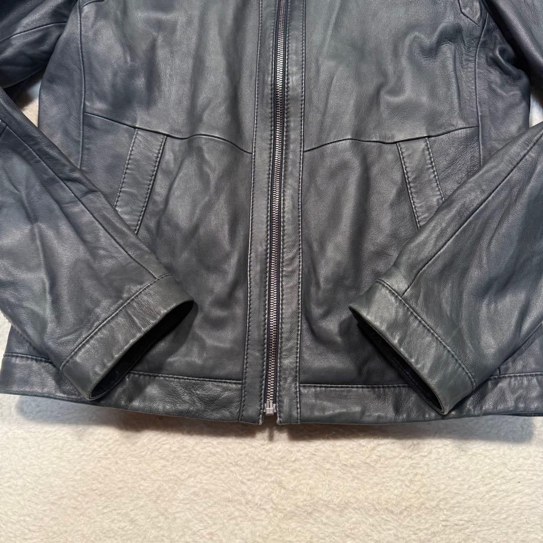 希少カラー ネイビー系 ヒューゴボス シングルライダースジャケット 羊革 M相当