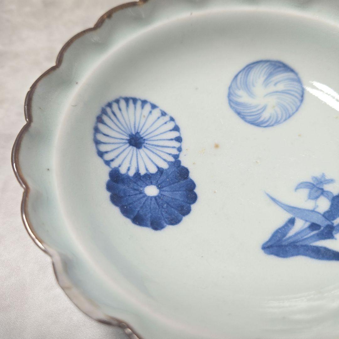 古伊万里　染付　深皿　江戸時代　蘭　菊　金直し　金継ぎ　アンティーク　骨董