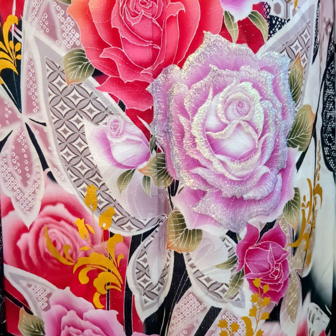 振袖セット 振袖フルセット 正絹振袖 銀通し 駒刺繍 薔薇 蝶 金彩 白 90