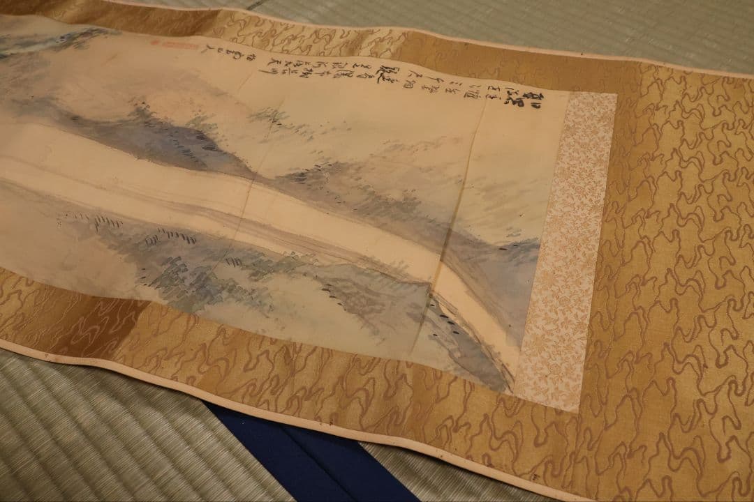 【模写】松雲山人 飛瀑図 滝 人物 山水 絹本 掛軸 彩色 MB130