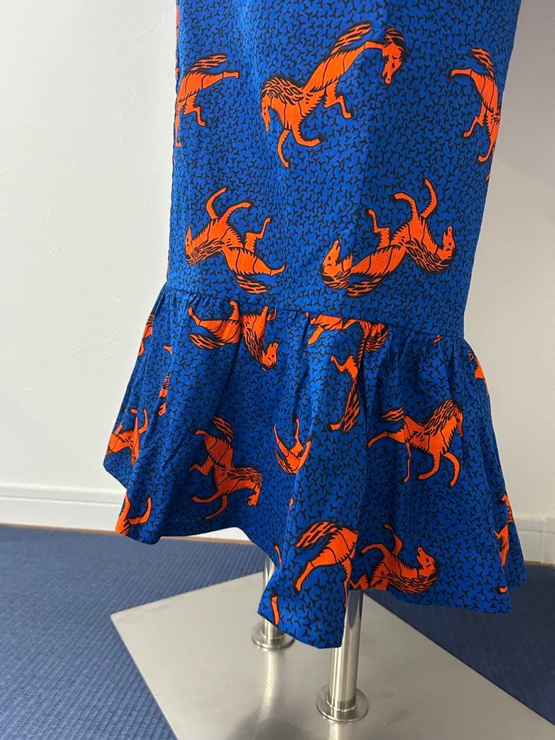 アフリカ布 浴衣 レディース フリル 着物 ハンドメイド 1点もの 馬柄 青