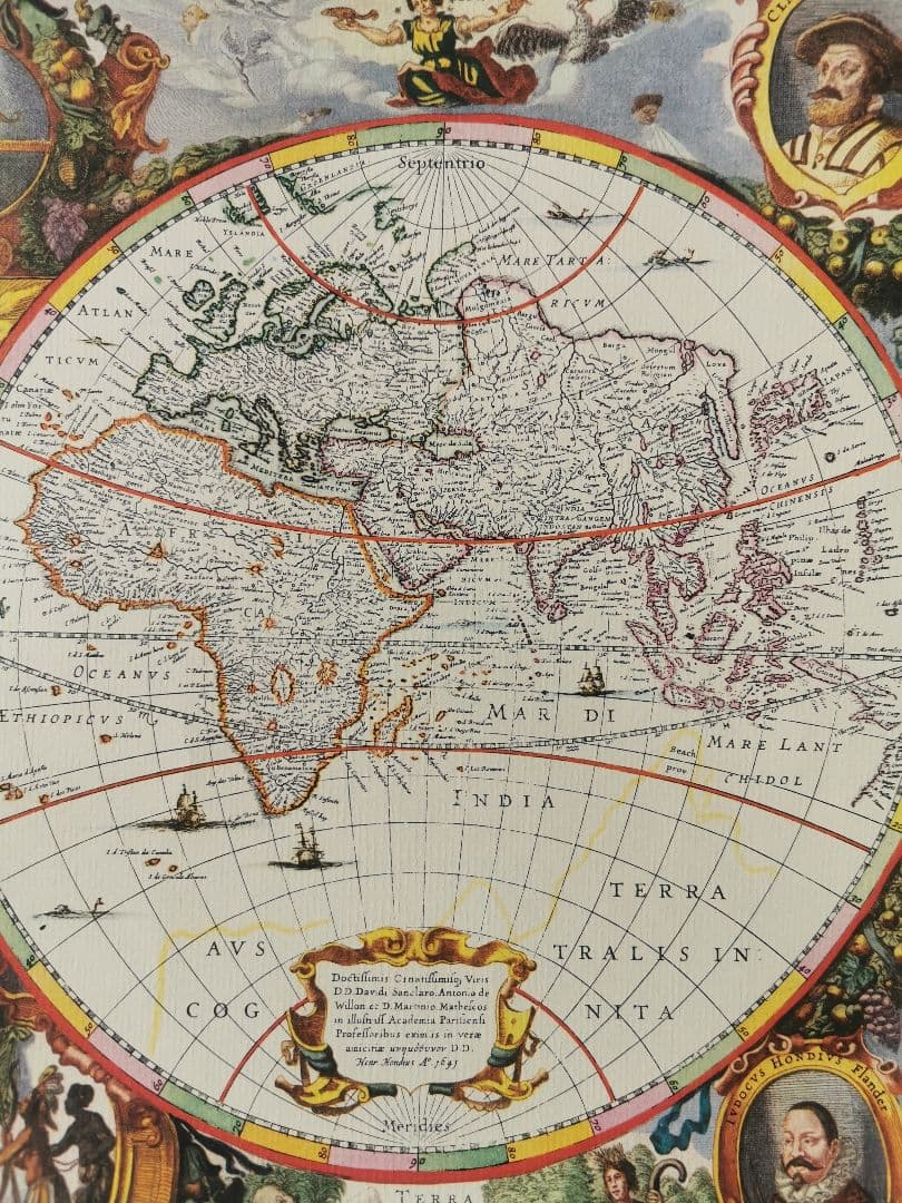 アンティーク ドイツ ローゼル 1641年の世界地図復刻 四元素 版画風印刷紙