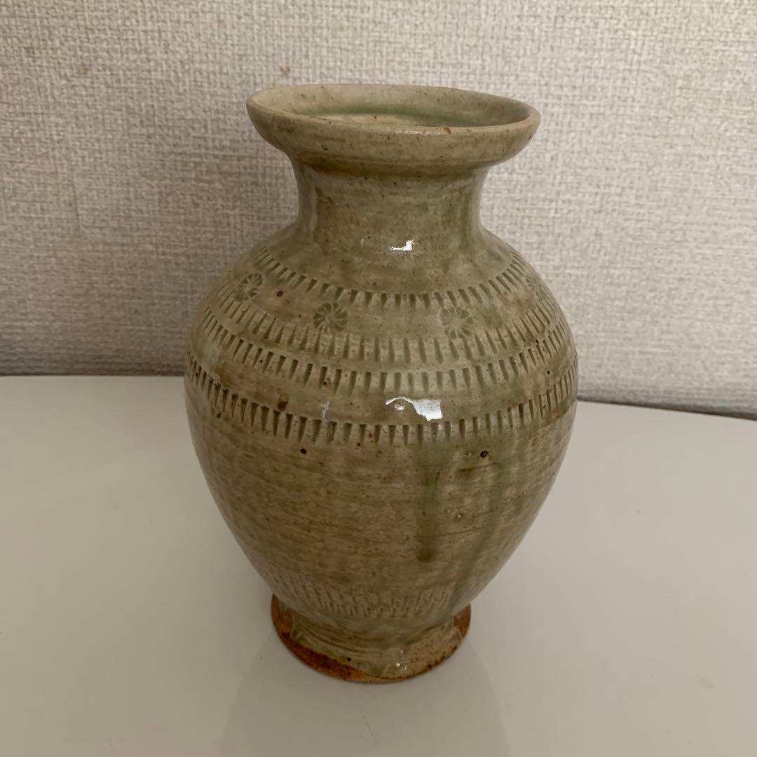 安部飛登志 陶器 花瓶 緑色 木箱付き