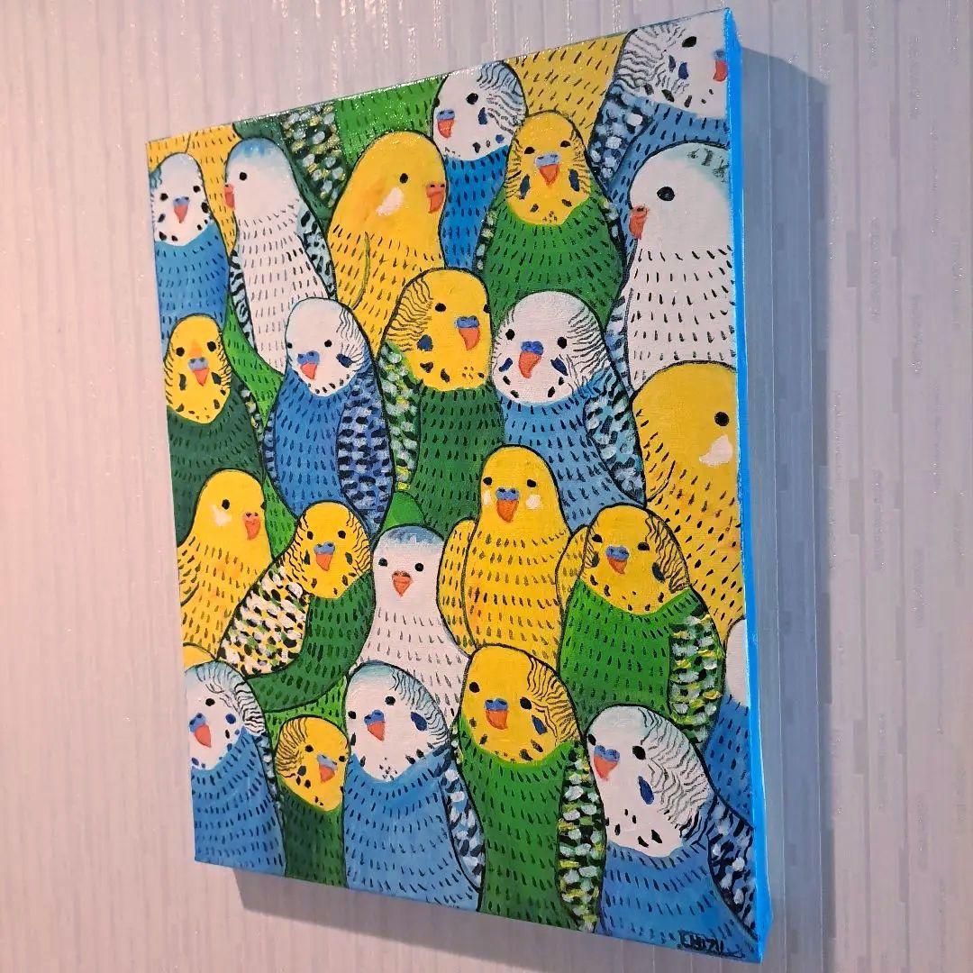 キャンバス油絵　専用　仲良く集まるカラフルかわいいインコたち