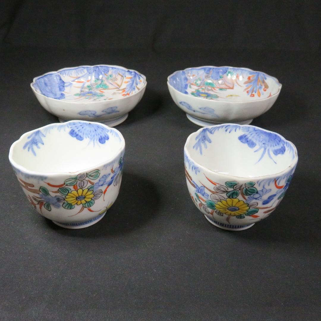 なます皿 向付 2セット 染付 色絵付 花文様 同柄 窯傷 歪み