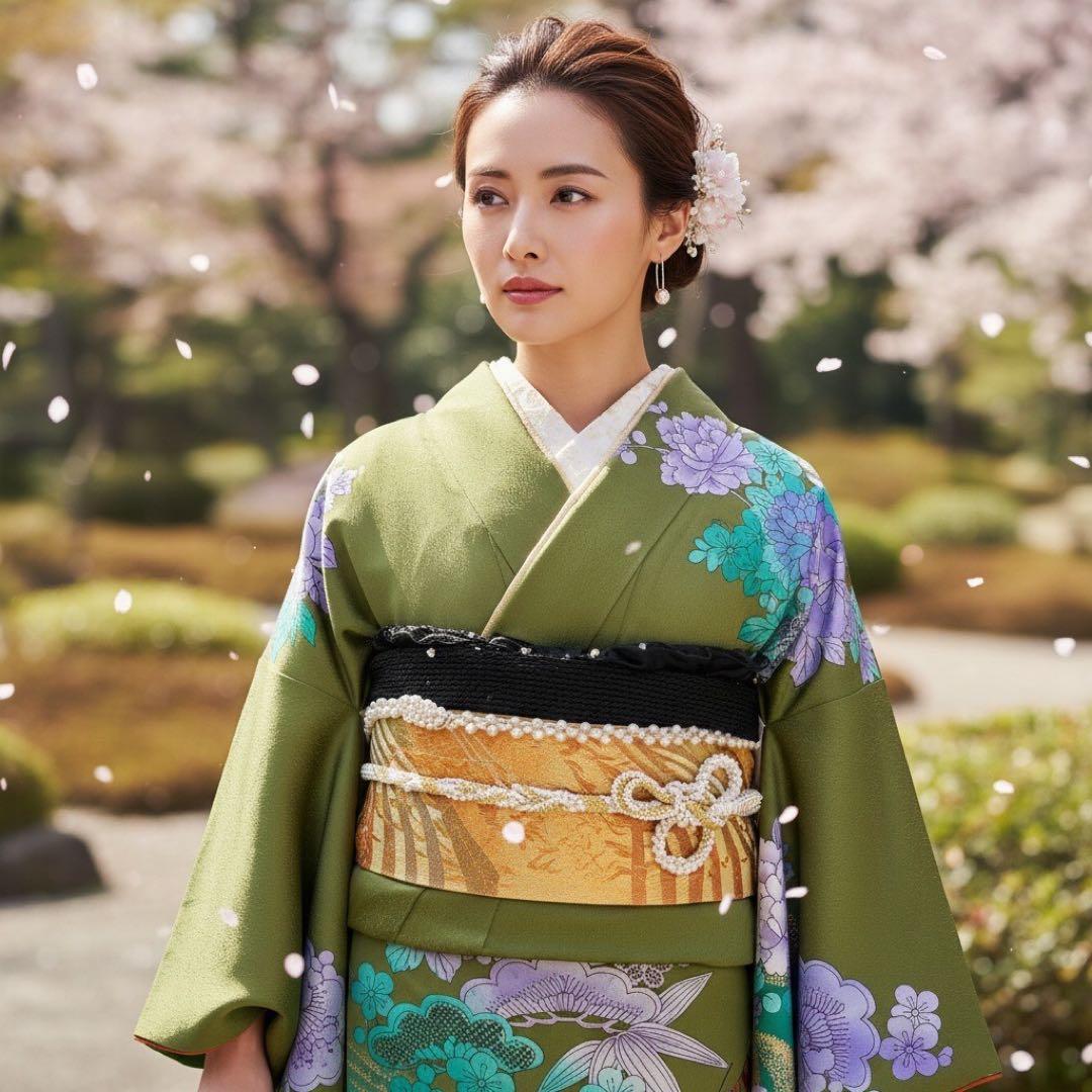 豪華振袖10点フルセット　緑系　ラメ　金彩 松竹梅　牡丹　つけ袖黒レース　可愛い