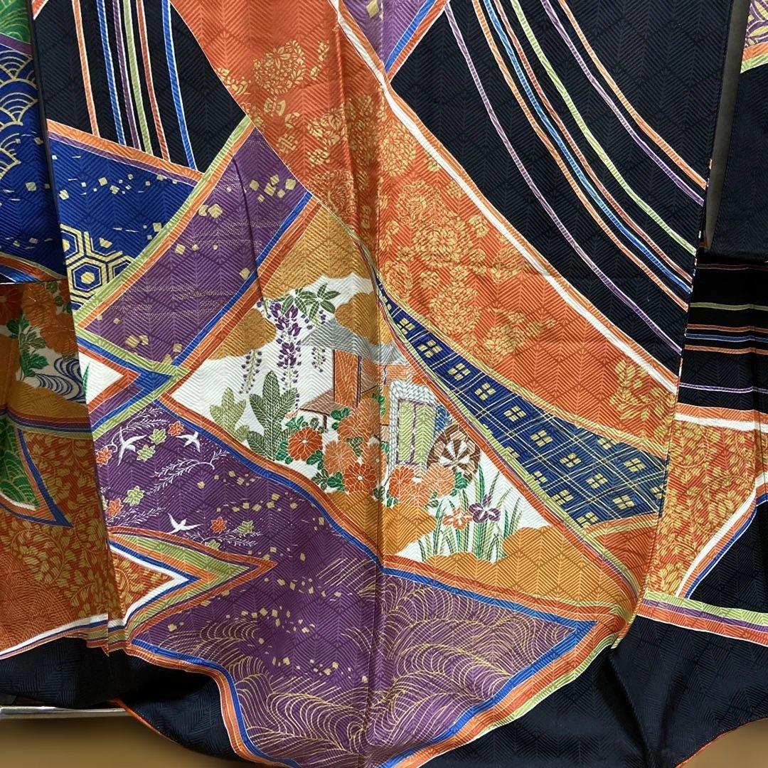 A 振袖　袷　正絹　黒地　お姫様　御所車　菊　菖蒲　着物　和装　和物　成人式