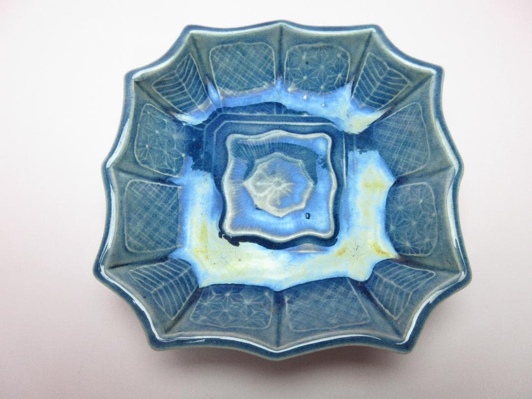 珉平焼 四方隅切皿 交趾陽刻 小皿 ７枚　70707