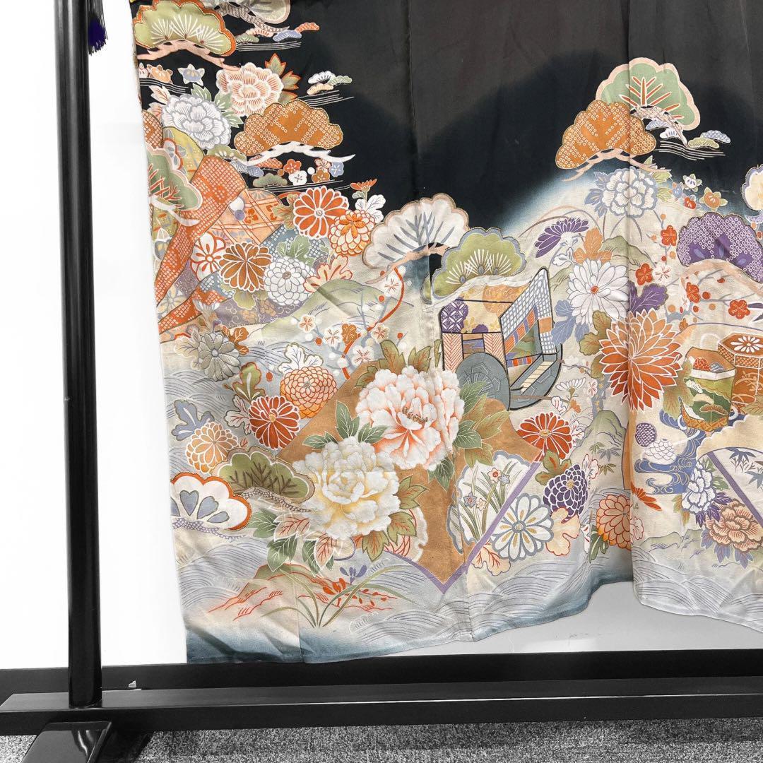 振袖　アンティーク　単衣　貝桶　御所車　花模様　着物　024w