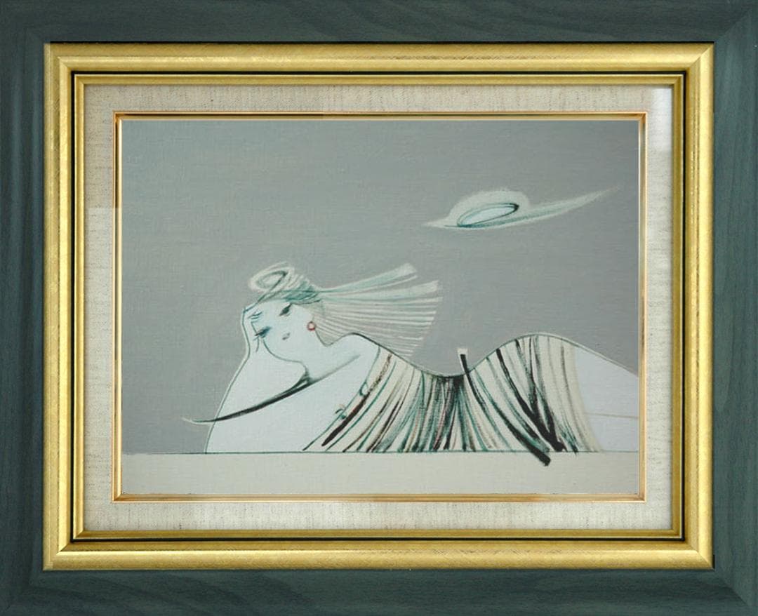 油絵 菅家令子 絵 絵画インテリア額付(青緑＋金色の枠) F4-080515女性