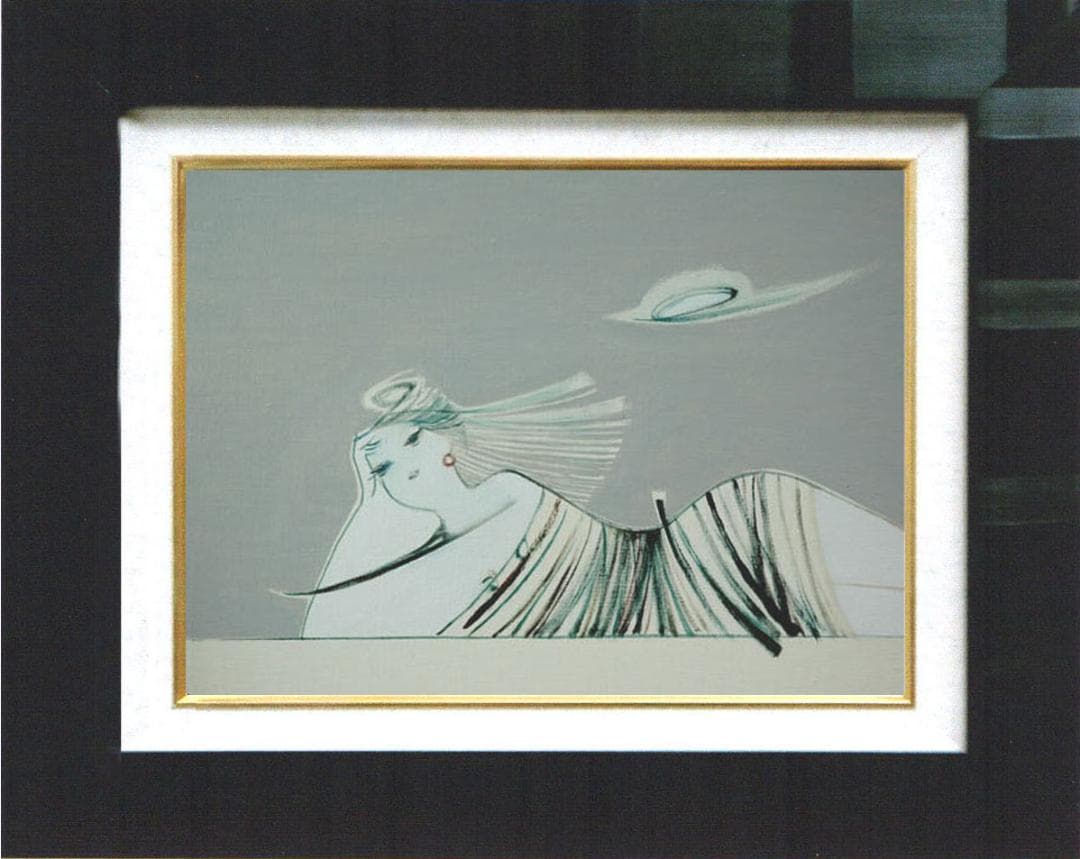 油絵 菅家令子 絵 絵画インテリア額付(青緑＋金色の枠) F4-080515女性