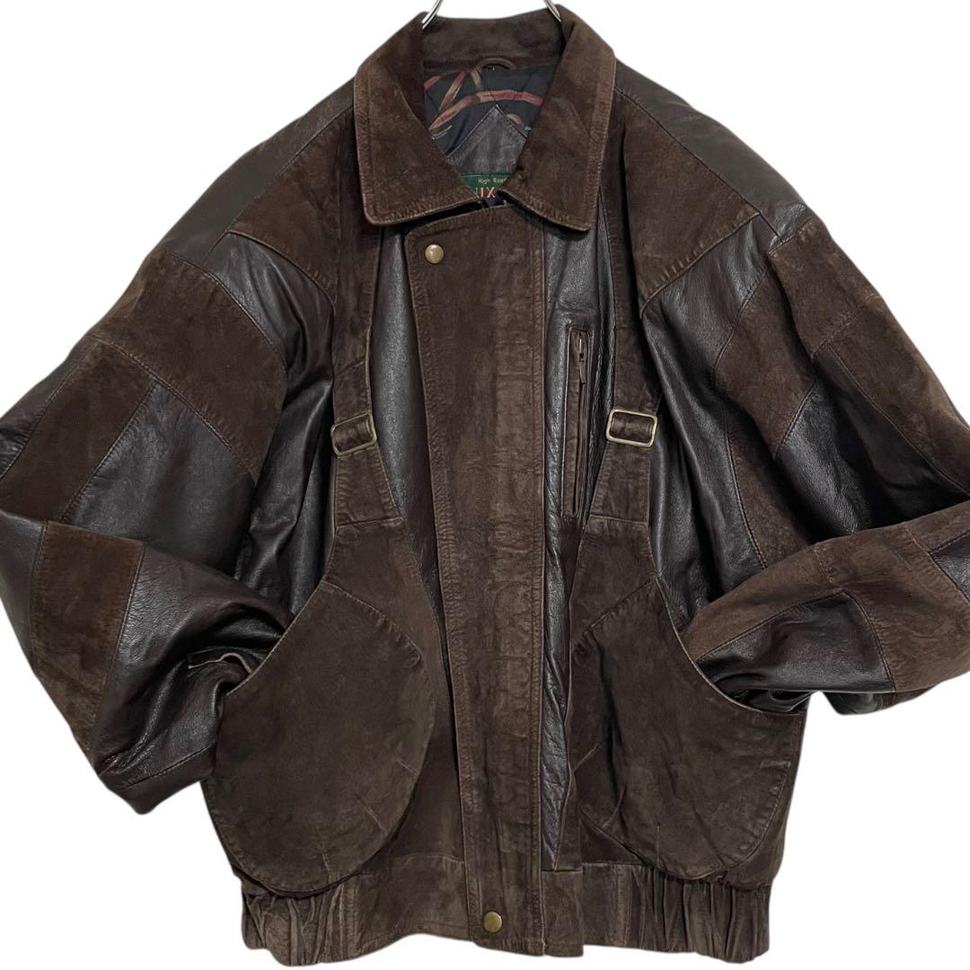 【LUXURY】羊革 ラムレザーライダースジャケット スウェード切替 ブラウンL