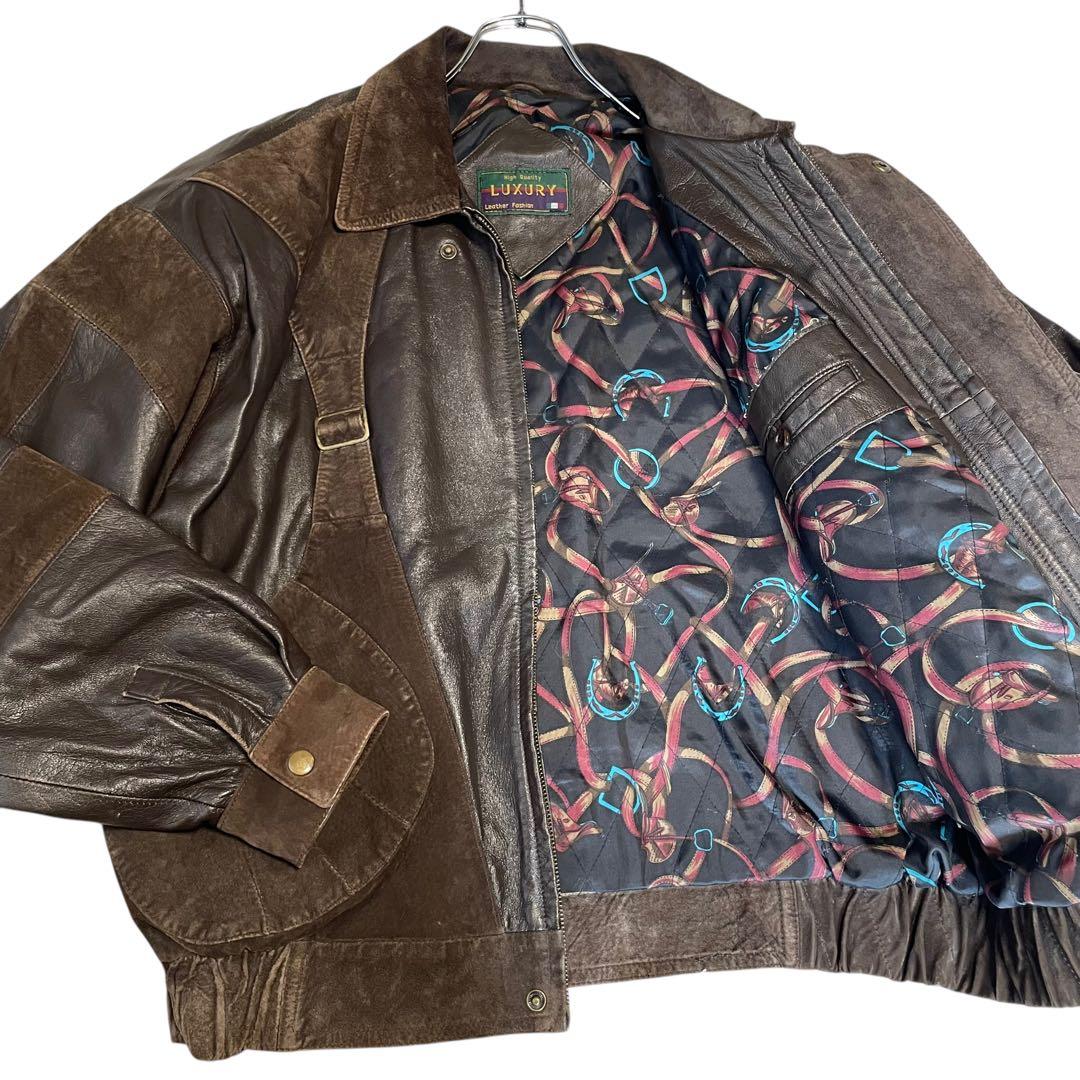 【LUXURY】羊革 ラムレザーライダースジャケット スウェード切替 ブラウンL