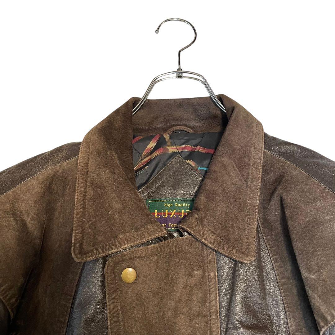【LUXURY】羊革 ラムレザーライダースジャケット スウェード切替 ブラウンL