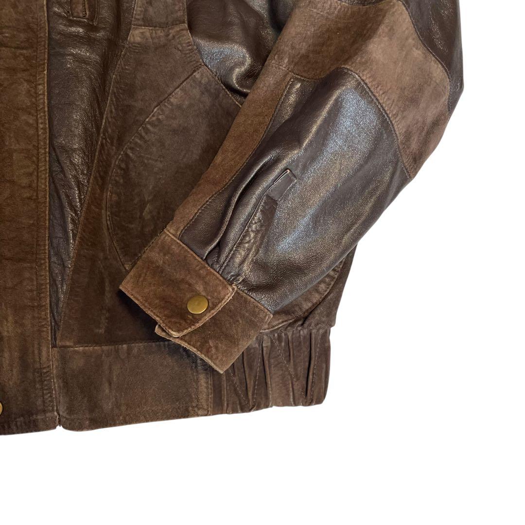 【LUXURY】羊革 ラムレザーライダースジャケット スウェード切替 ブラウンL
