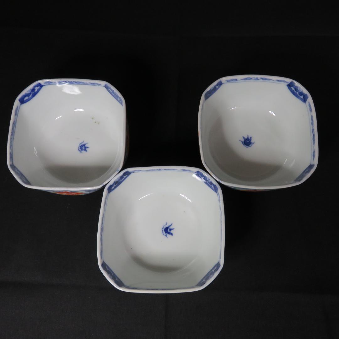 向付 3客 染付 色絵付 花唐草 角向付 窯傷 歪み