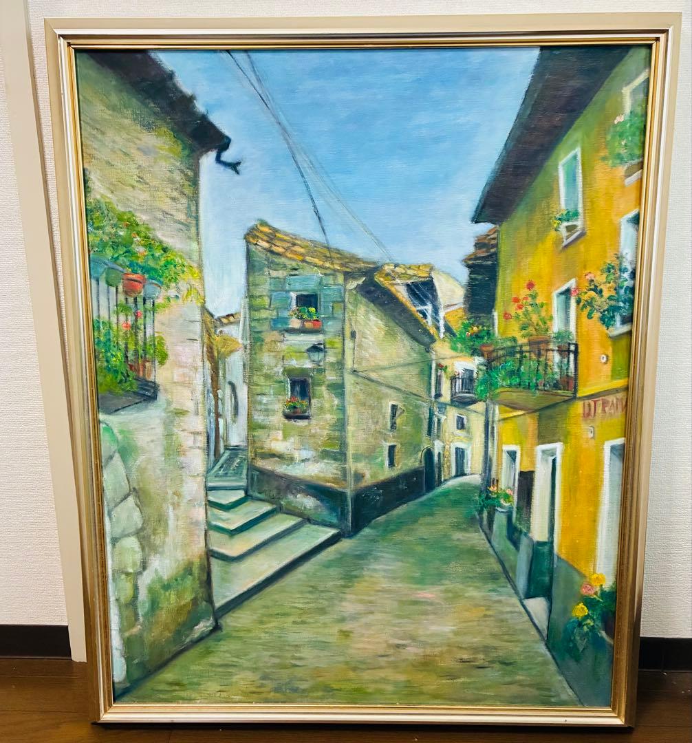 油彩画 街並み 大きめ 金色フレーム
