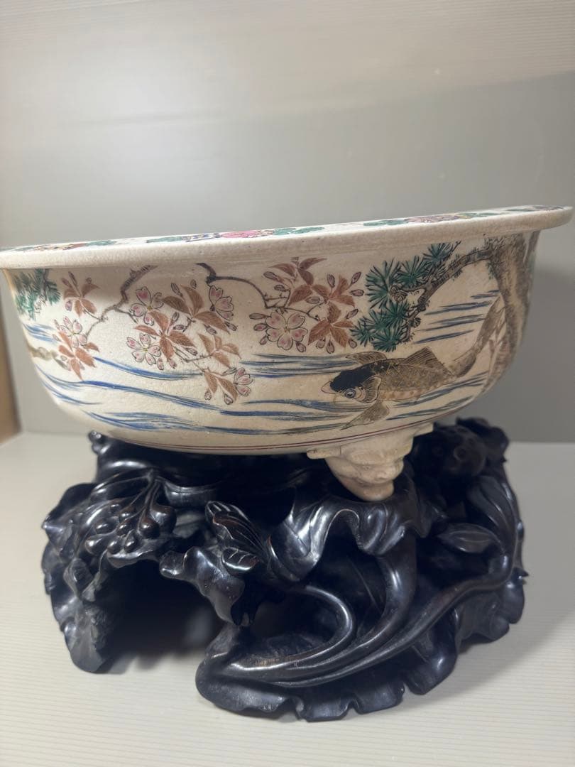 2175 骨董　色絵魚文　金魚鉢　花台付き　根木風　時代物