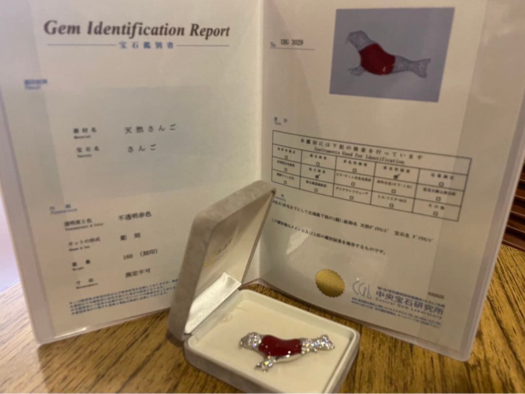 天然　血赤珊瑚　ブローチ　18K ダイヤモンド