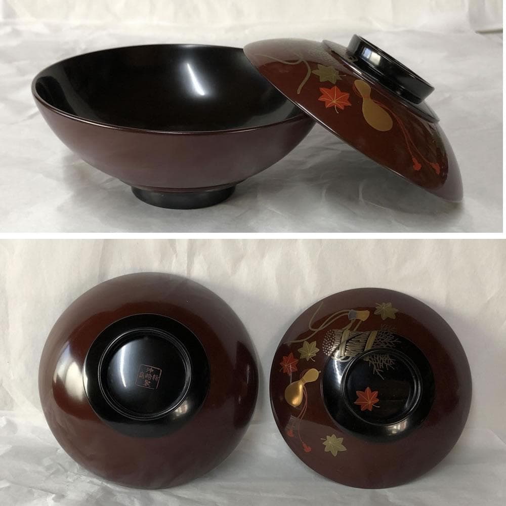 e2641 蒔絵 吸物椀 十客 木箱入り 瓢箪 紅葉 打出の小槌 木製 漆塗