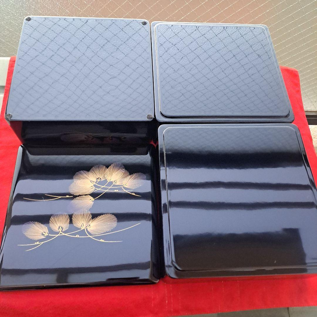 【会津漆器　6,5寸\"3段重箱】天然木製　寿松葉蒔絵　未使用品