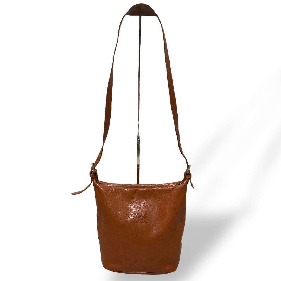 【美品】イルビゾンテ　バケツ型　ショルダーバッグ　オールレザー　ロゴ型押し　茶