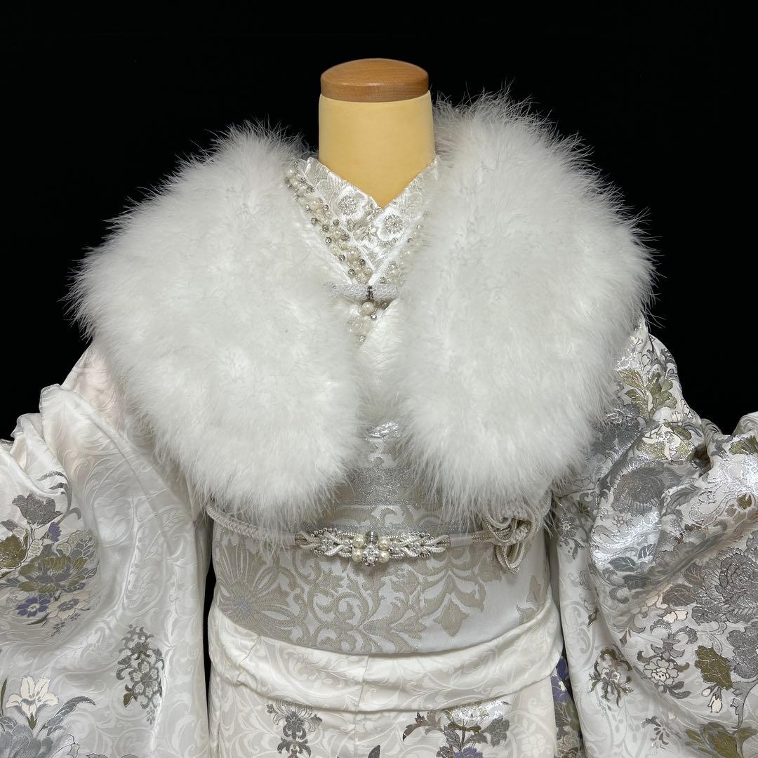 関芳　桂由美　白地薔薇シルバー振袖フルセット