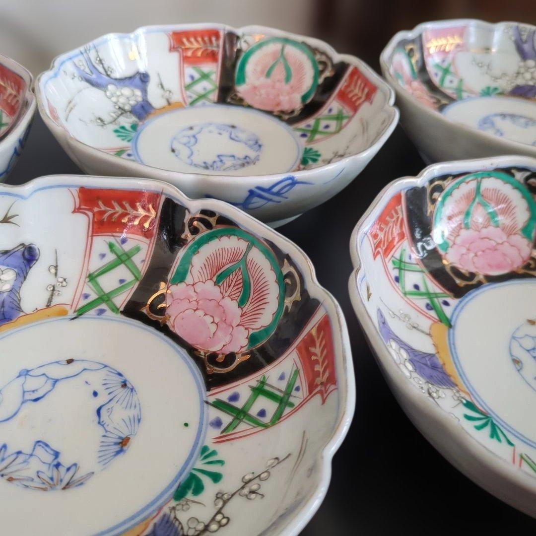 骨董　伊万里　色絵　なます皿　皿　陶器　梅に燕　花弁形　5枚〜