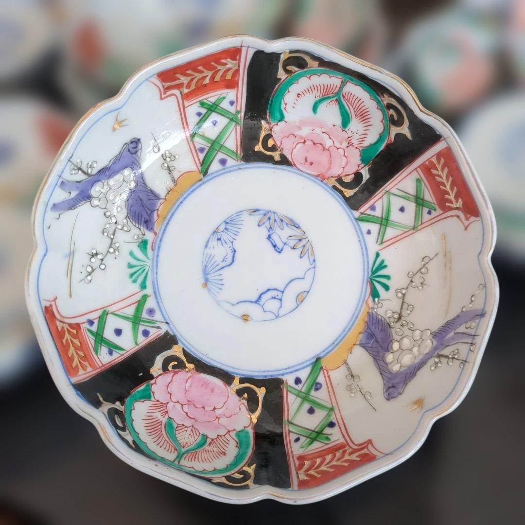 骨董　伊万里　色絵　なます皿　皿　陶器　梅に燕　花弁形　5枚〜