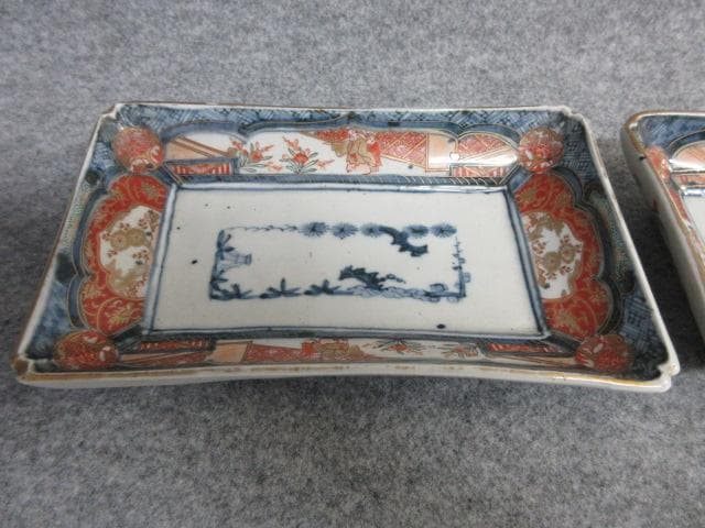 古伊万里富貴長春金彩染錦長皿2枚 [B26478]