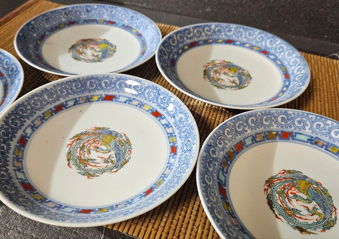 【大名品❗】明治時代　最高峰の平戸焼　肥前伊万里　嘉祥堂文峰作　染錦鳳凰画皿5客