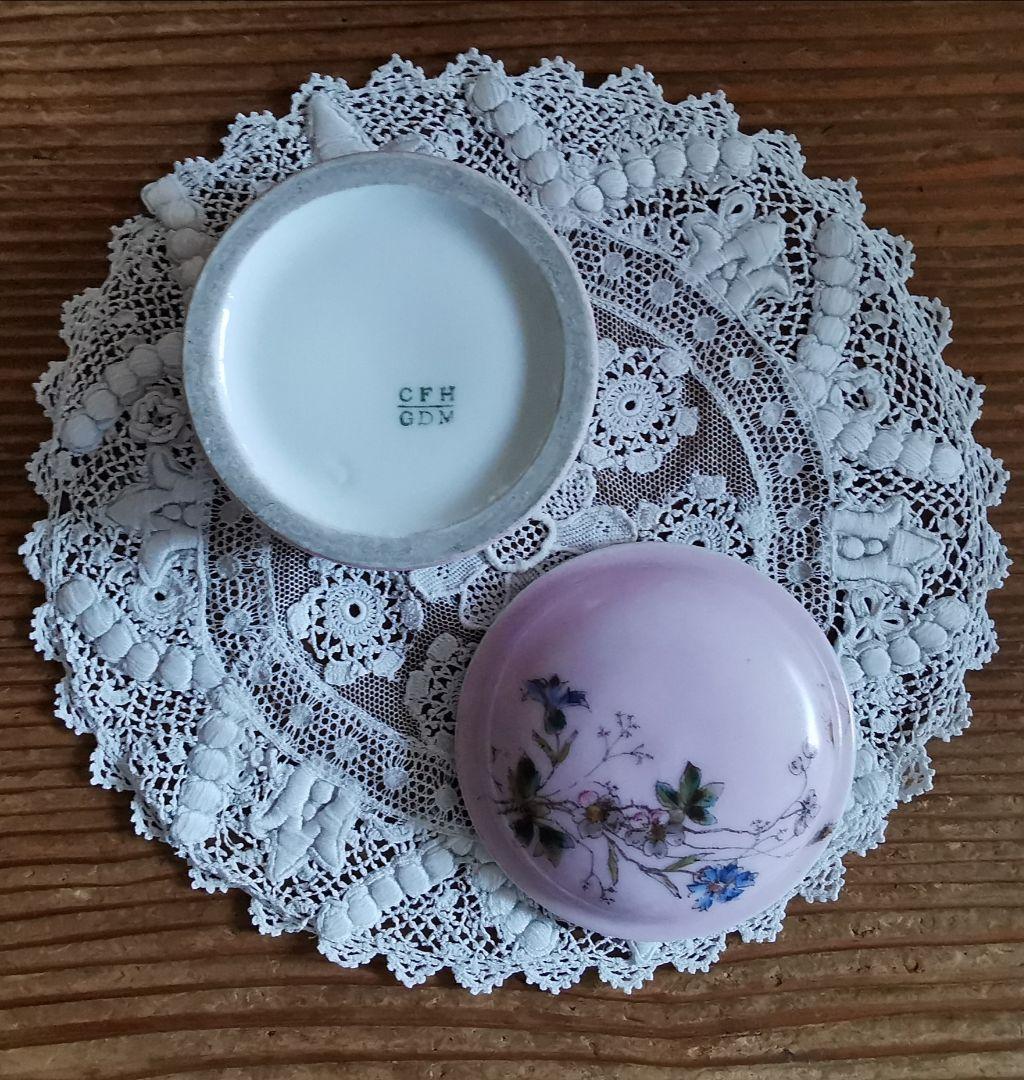 アンティーク リモージュ 手描き山野草 トリンケットジュエリーケース 蓋付陶器