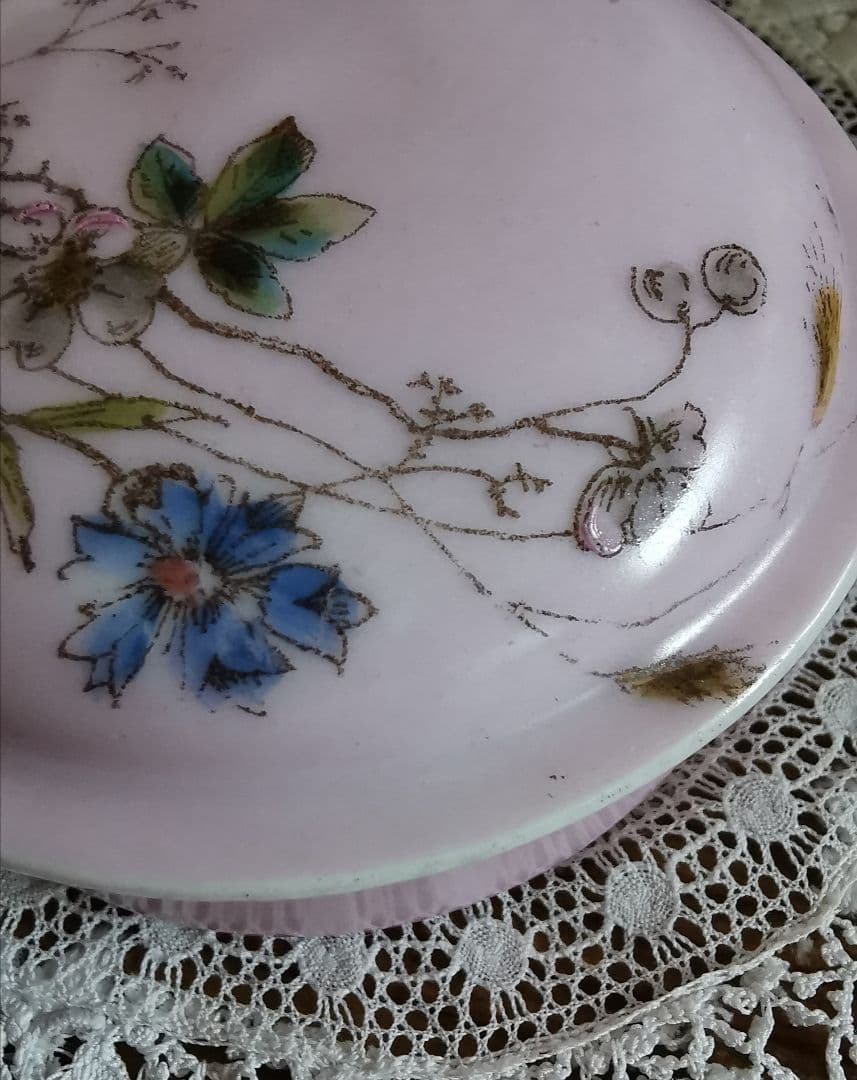 アンティーク リモージュ 手描き山野草 トリンケットジュエリーケース 蓋付陶器