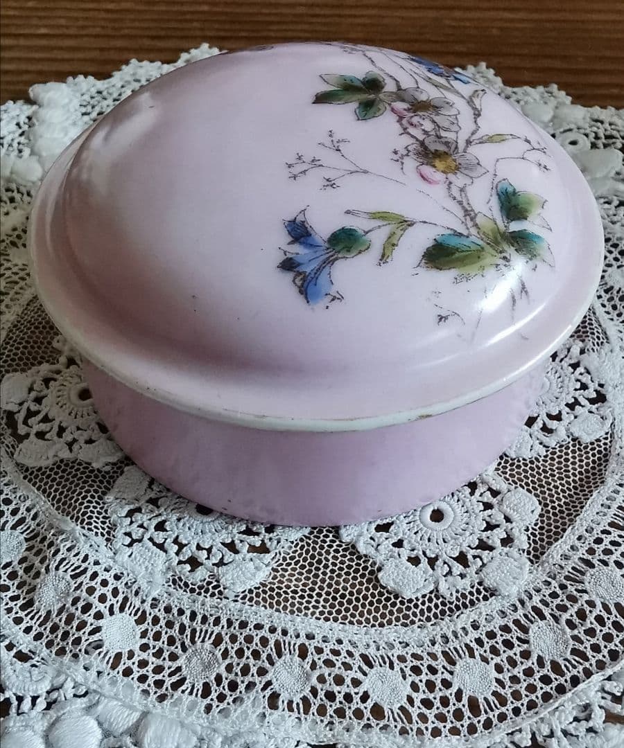 アンティーク リモージュ 手描き山野草 トリンケットジュエリーケース 蓋付陶器