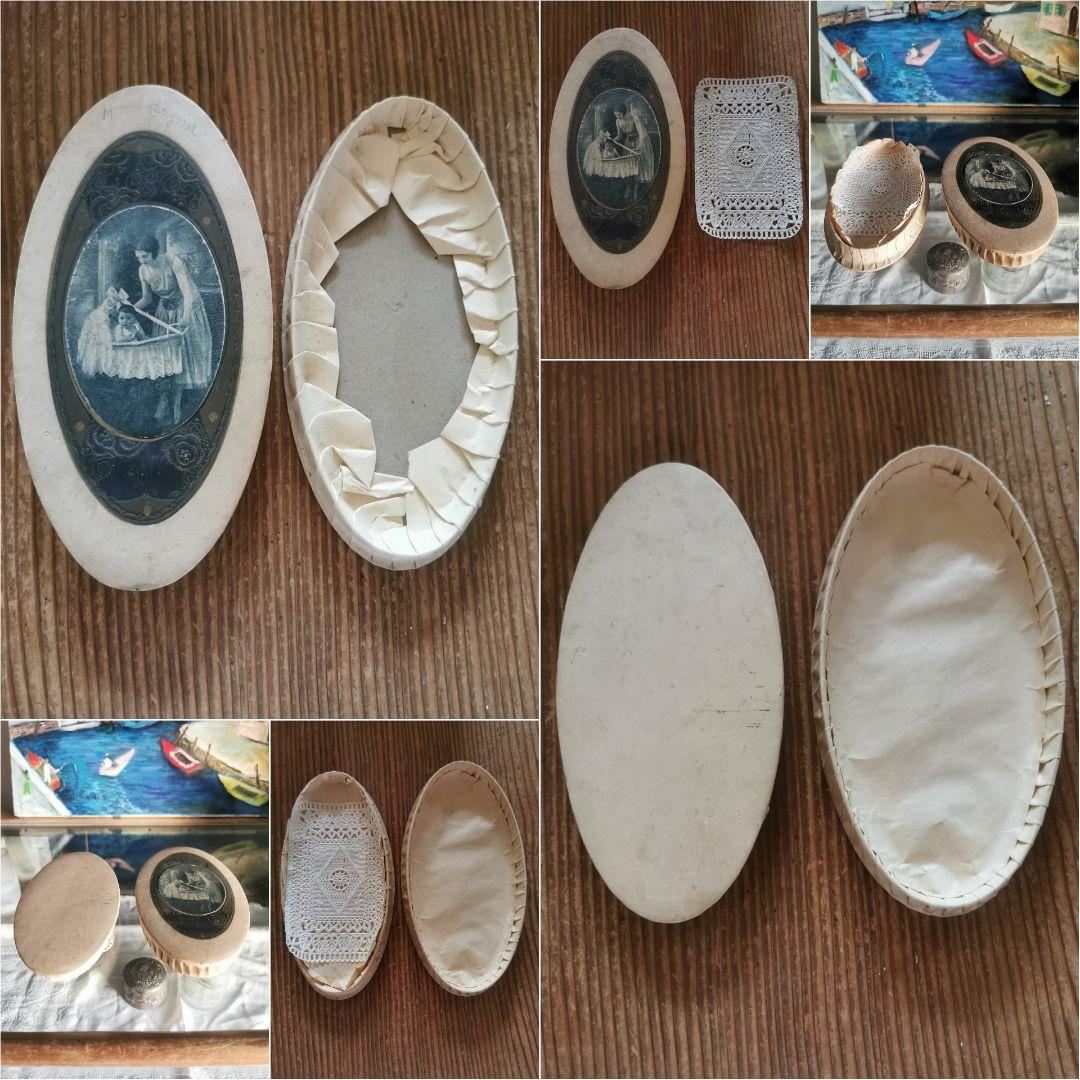 アンティーク フランス 揺り籠の赤ちゃんと母 花の金彩エンボス ドラジェボックス