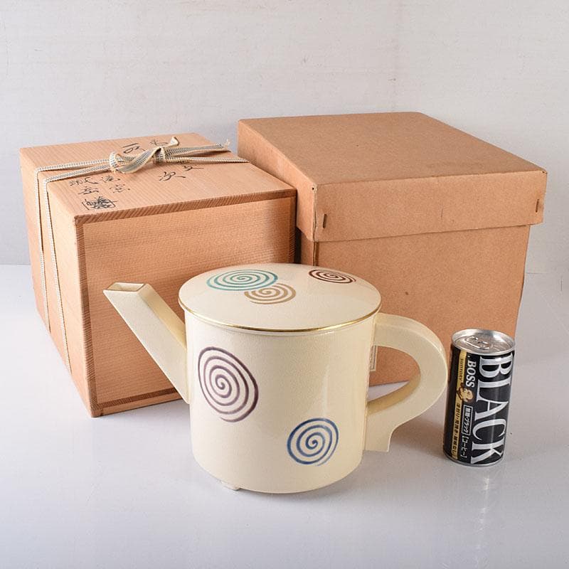 茶道具　京焼　清水焼　橋本城岳造　仁清写　色絵渦巻文　水次　共箱　N7586C