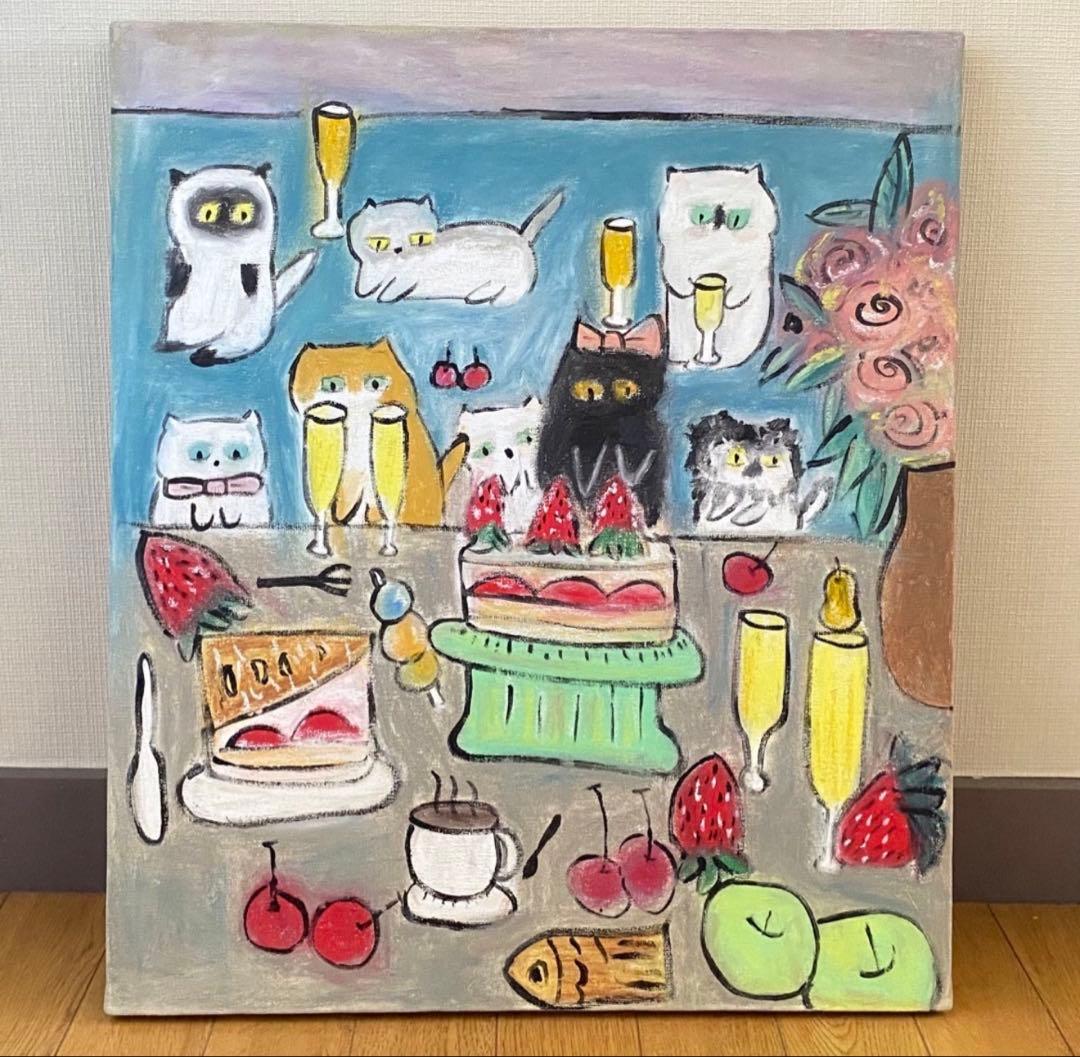 絵画。原画☆キャンバスF10【猫たちの豊かなシャンパンケーキパーティー】