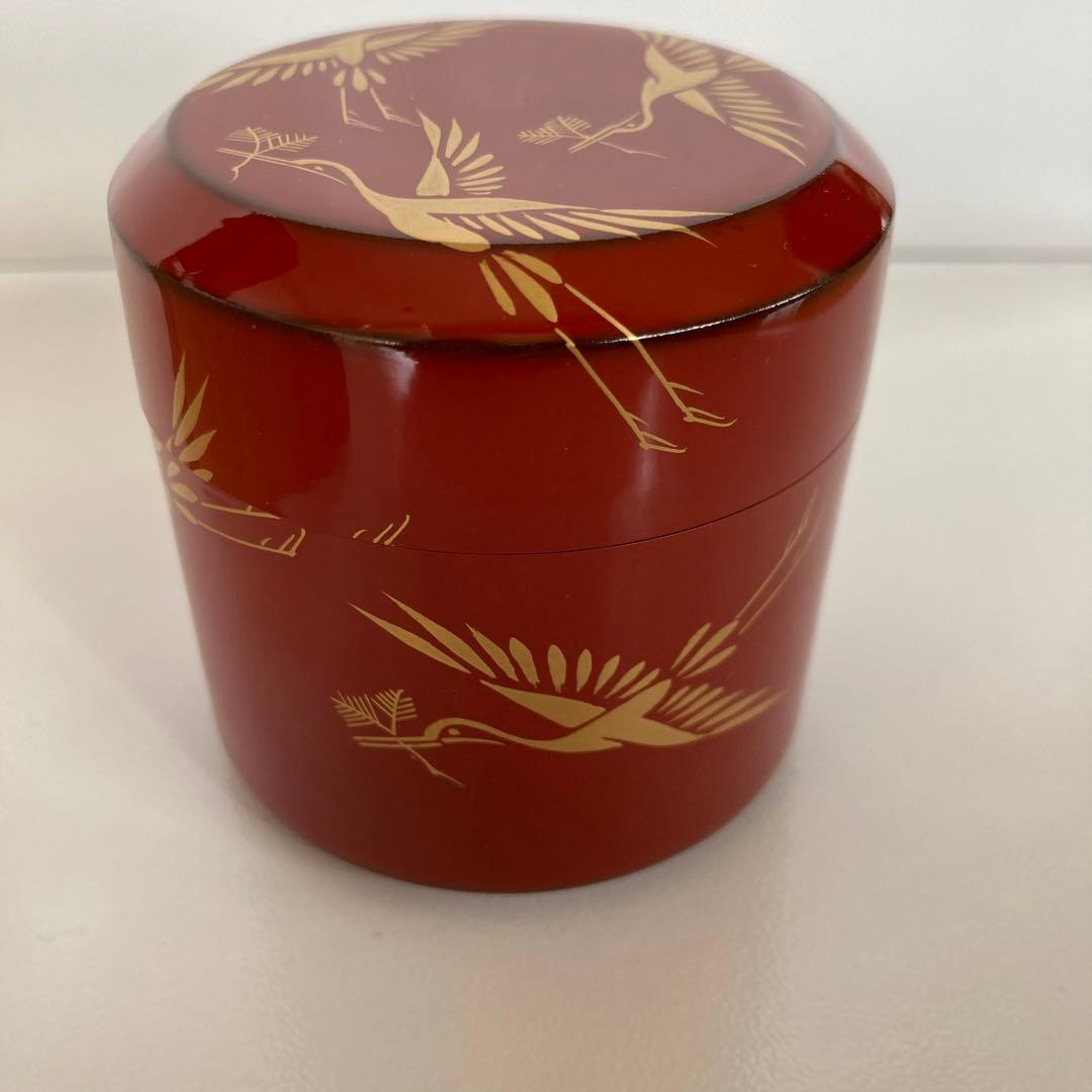 松喰鶴蒔絵　朱塗吹雪茶入れ　茶道具