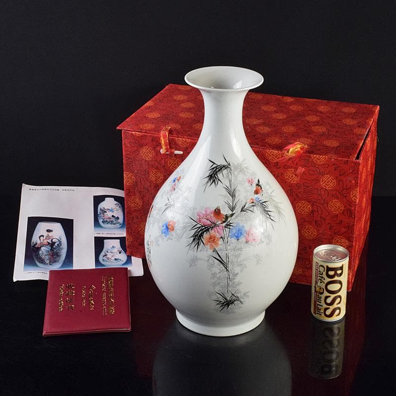 中国　余海犮作　景徳鎮製款　粉彩　漢詩花鳥文　玉壺春瓶　証明書付　MR9302B