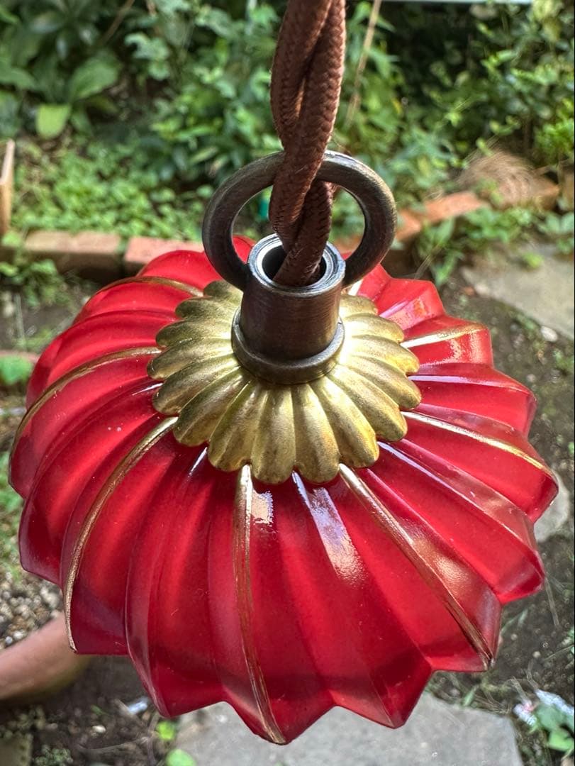 1920年代 フランス アンティーク クランベリーガラスの螺旋模様アトリエランプ